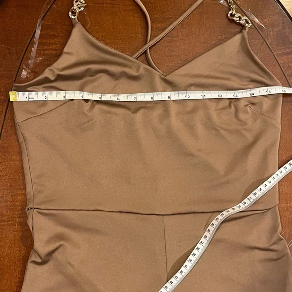 Wide leg jumpsuit/ romper crisscross back,  gold chain w/ rhinestones. Tan. Sz M - Picture 8 of 11